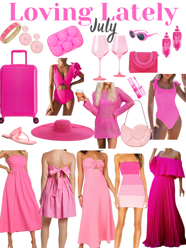 A collage of pink outfits and accessories.