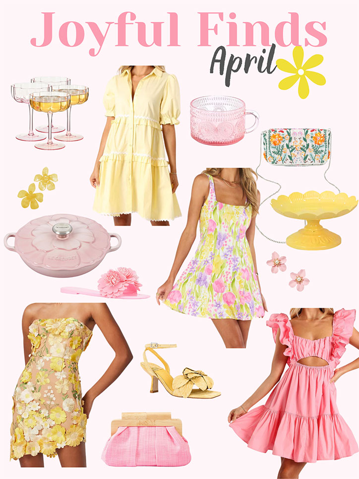 Florida Lifestyle and hostess blogger shares her favored for the month of April. Floral dresses, pink coupe glasses, floral clutch and more!