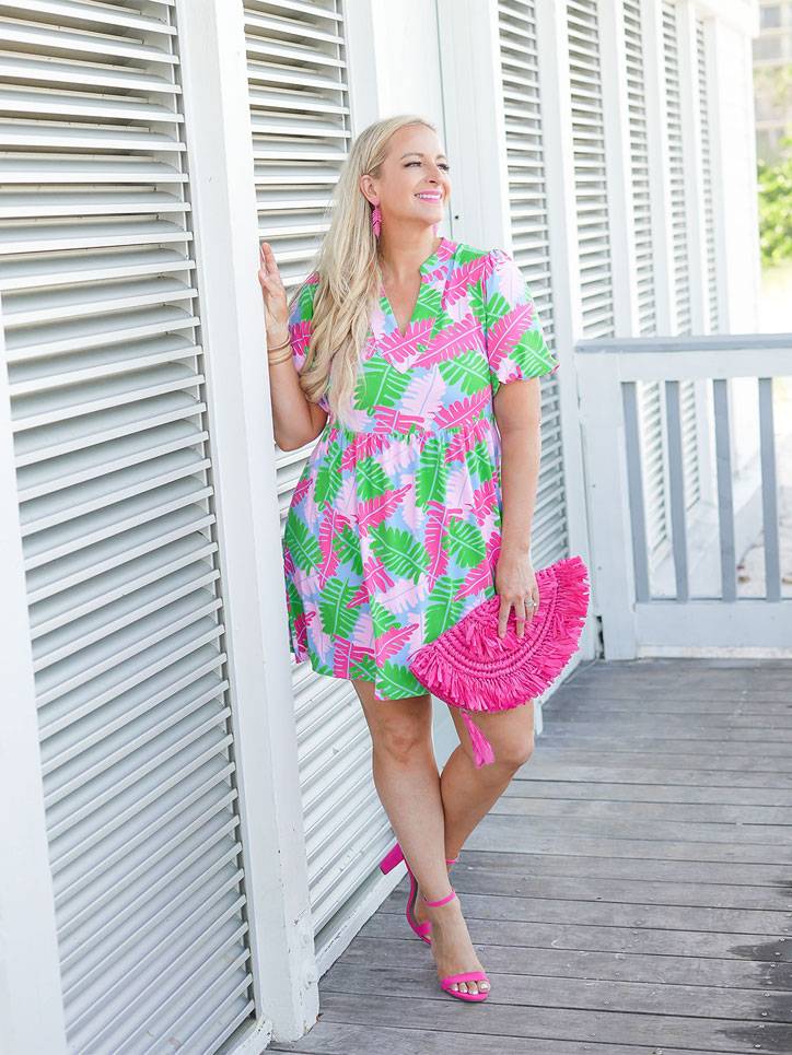 pink and green palm print dress and other colorful summer dresses.