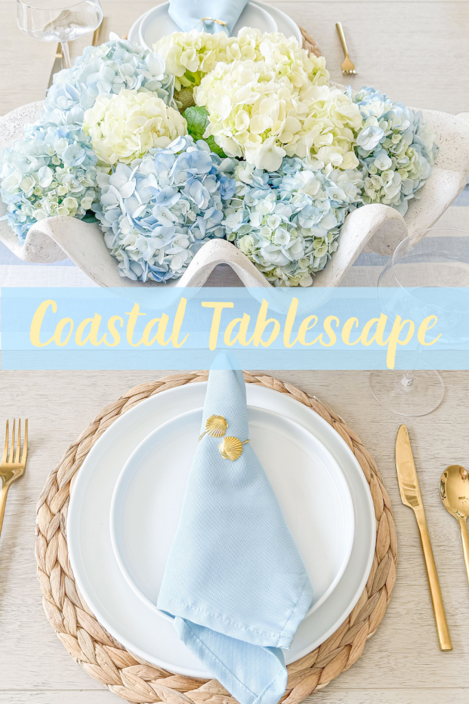 Hostess blogger shares a blue and white coastal tablescape with a shell centerpiece.